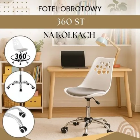 Fotel dziecięcy do biurka, obrotowe krzesło na kółkach regulowane dla dzieci do nauki, biało-szare