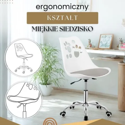 Fotel dziecięcy do biurka, obrotowe krzesło na kółkach regulowane dla dzieci do nauki, biało-szare