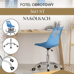 Fotel dziecięcy do biurka, obrotowe krzesło na kółkach regulowane dla dzieci do nauki, niebieskie