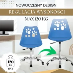 Fotel dziecięcy do biurka, obrotowe krzesło na kółkach regulowane dla dzieci do nauki, niebieskie