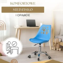 Fotel dziecięcy do biurka, obrotowe krzesło na kółkach regulowane dla dzieci do nauki, niebieskie