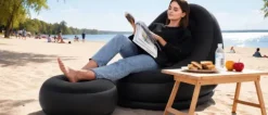 Fotel ogrodowy dmuchany z podnóżkiem pufą leżak na plażę + pompka zestaw