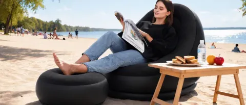 Fotel ogrodowy dmuchany z podnóżkiem pufą leżak na plażę + pompka zestaw