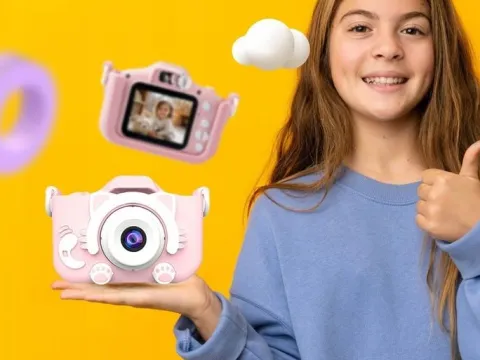 KAMERA DLA DZIECI APARAT FOTOGRAFICZNY RÓŻ KOTEK + KARTA 8GB + SMYCZ ZESTAW