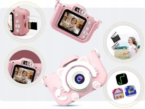 KAMERA DLA DZIECI APARAT FOTOGRAFICZNY RÓŻ KOTEK + KARTA 8GB + SMYCZ ZESTAW