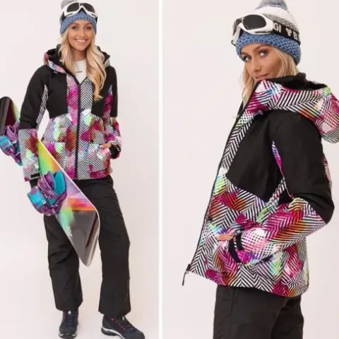 KOLOROWE WZORKI ZIMOWA KURTKA NARCIARSKA NA STOK NA NARTY DAMSKA CIEPŁA S