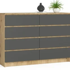 Komoda do salonu K 140 cm 8 szuflad - dąb artisan-grafit szary