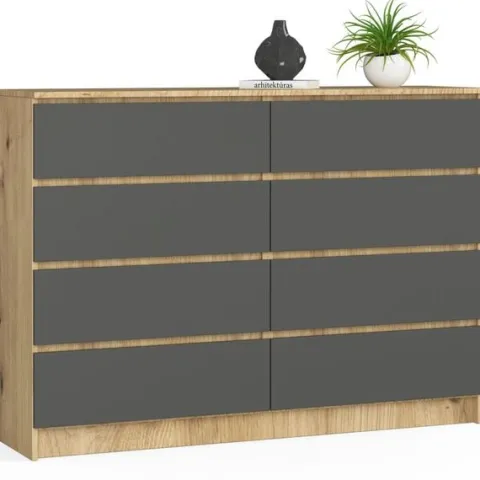 Komoda do salonu K 140 cm 8 szuflad - dąb artisan-grafit szary