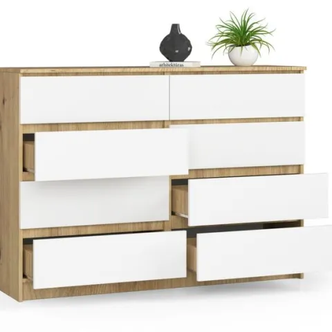 Komoda do salonu K 140 cm 8 szuflad - dąb artisan-biała
