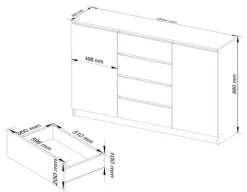 KOMODA K 160 cm 2 DRZWI 4 SZUFLADY SONOMA / BIAŁA