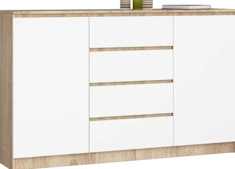 KOMODA K 160 cm 2 DRZWI 4 SZUFLADY SONOMA / BIAŁA