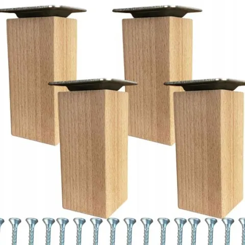 Komplet 4 x nogi meblowe drewniane bukowe surowe KWADRATOWA 20 cm MOCOWANIA