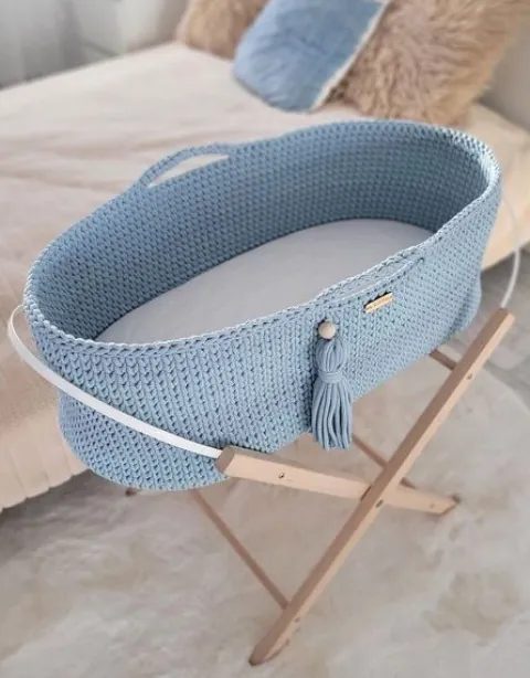 Kosz Mojżesza BOHO bawełniany Handmade z materacykiem - misty blue