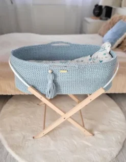 Kosz Mojżesza BOHO bawełniany Handmade z materacykiem - misty blue