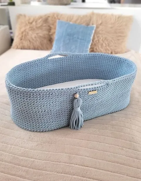 Kosz Mojżesza BOHO bawełniany Handmade z materacykiem - misty blue