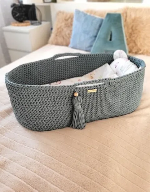Kosz Mojżesza BOHO bawełniany Handmade z materacykiem - laurel