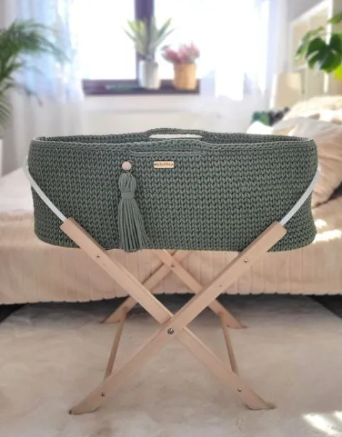 Kosz Mojżesza BOHO bawełniany Handmade z materacykiem - szałwia