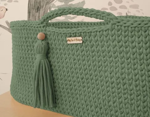 Kosz Mojżesza BOHO bawełniany Handmade z materacykiem - szałwia
