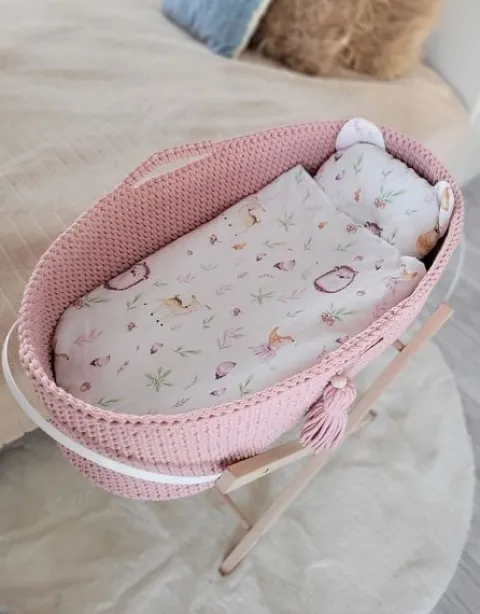 Kosz Mojżesza BOHO bawełniany Handmade z materacykiem - pastel pink