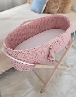 Kosz Mojżesza BOHO bawełniany Handmade z materacykiem - pastel pink