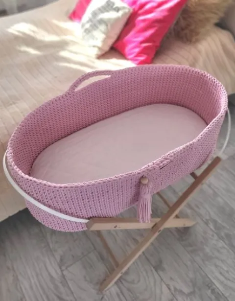 Kosz Mojżesza BOHO bawełniany Handmade z materacykiem - różowy