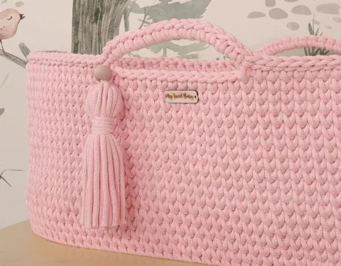 Kosz Mojżesza BOHO bawełniany Handmade z materacykiem - różowy