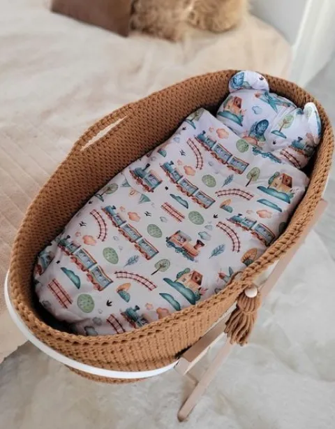 Kosz Mojżesza BOHO bawełniany Handmade z materacykiem - caramel