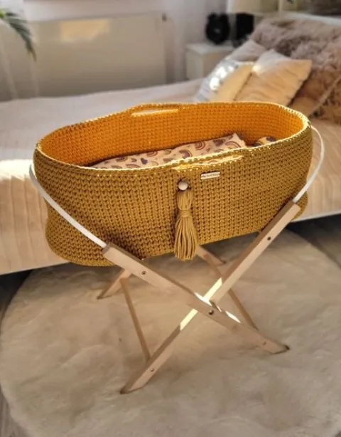 Kosz Mojżesza BOHO bawełniany Handmade z materacykiem - musztardowy