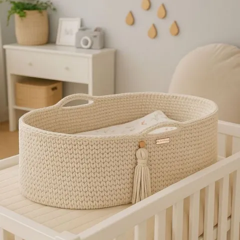 Kosz Mojżesza BOHO Handmade ze stojakiem - śmietanka