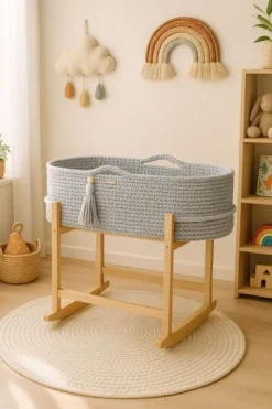 Kosz Mojżesza BOHO Handmade z kołyską - jasny szary