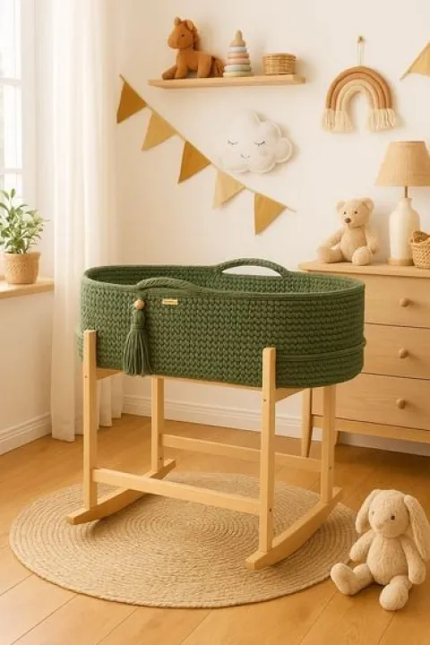 Kosz Mojżesza BOHO Handmade z kołyską - pistacjowy