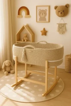 Kosz Mojżesza BOHO Handmade z kołyską - jasny beż