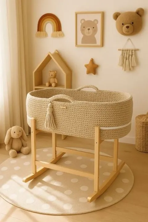 Kosz Mojżesza BOHO Handmade z kołyską - jasny beż