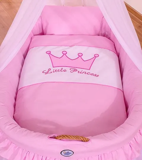 Kosz Mojżesza wiklinowy z baldachimem- Little Princess różowy