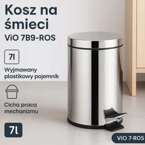 Kosz na Śmieci 7l ViO 7B9-ROS Srebrny do Domu Kuchni łazienkowy z Pedałem
