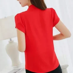 Koszula czerwona bluzka damska ze stójką krótki rękaw