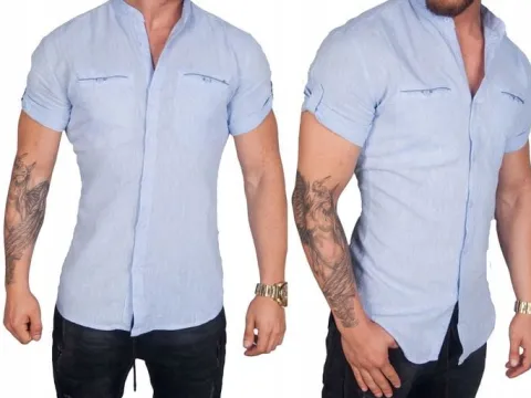 Koszula lniana kołnierzyk błękitna BG-1 rozm. 3XL