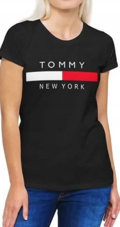 KOSZULKA DAMSKA TOMMY NEW YORK Z NADRUKIEM NAPISEM CZARNA BLUZKA T-SHIRT