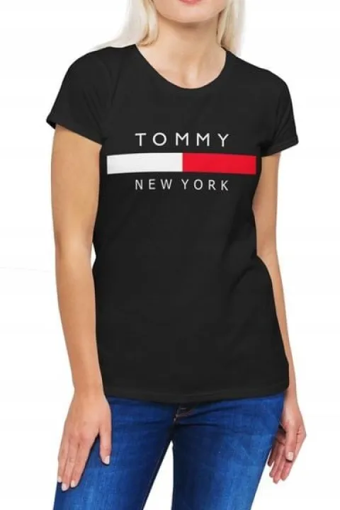KOSZULKA DAMSKA TOMMY NEW YORK Z NADRUKIEM NAPISEM CZARNA BLUZKA T-SHIRT
