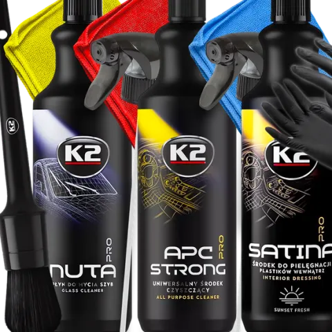 K2 PRO ZESTAW CZYSZCZENIA WNĘTRZA AUTA KOKPITU SZYB APC STRONG SATINA NUTA