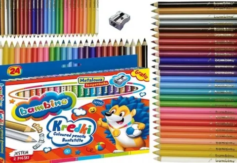 Kredki Bambino 24 kolory GRUBE złota + srebrna + GRATIS temperówka metalowa