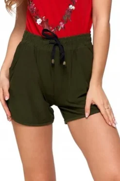 KRÓTKIE SPODENKI DAMSKIE ELASTYCZNE SZORTY Z WIĄZANIEM MORAJ KHAKI S/M