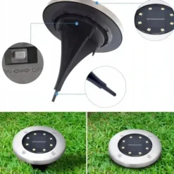 LAMPA SOLARNA OGRODOWA LAMPKI LED GRUNTOWE DYSK CZUJNIK ZMIERZCHU 12 DYSKÓW
