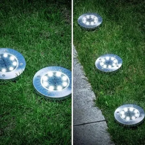 LAMPA SOLARNA OGRODOWA LAMPKI LED GRUNTOWE DYSK CZUJNIK ZMIERZCHU 12 DYSKÓW