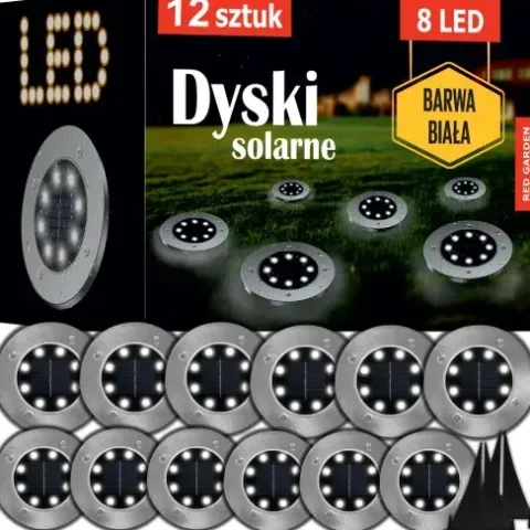 LAMPA SOLARNA OGRODOWA LAMPKI LED GRUNTOWE DYSK CZUJNIK ZMIERZCHU 12 DYSKÓW