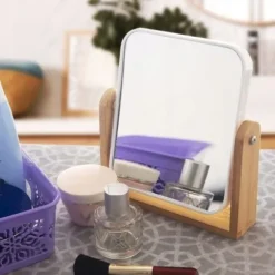 Lusterko kosmetyczne dwustronne powiększające bambusowe stojak