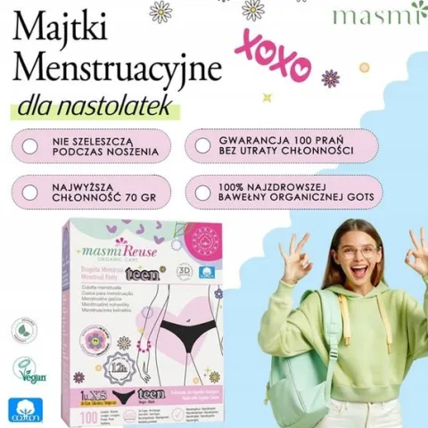 Majtki menstruacyjne ekologiczne Masmi DLA NASTOLATEK XS 100% bawełna BIO