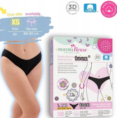 Majtki menstruacyjne ekologiczne Masmi DLA NASTOLATEK XS 100% bawełna BIO