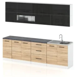 Meble Kuchenne Komplet Kuchnia Robo Lux 2.6m Zestaw Czarny Połysk Sonoma