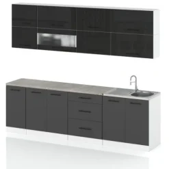 Meble Kuchenne Kuchnia Robo Lux 2.6m Zestaw Modułowy Czarny Połysk Szary
